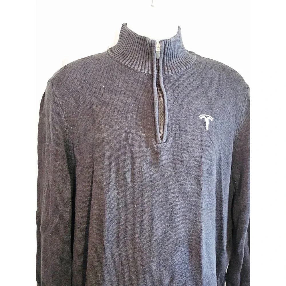 Tesla 1/4 Zip Sweater Pullover Long Sleeve Mens Large Black Cotton Blend Auto